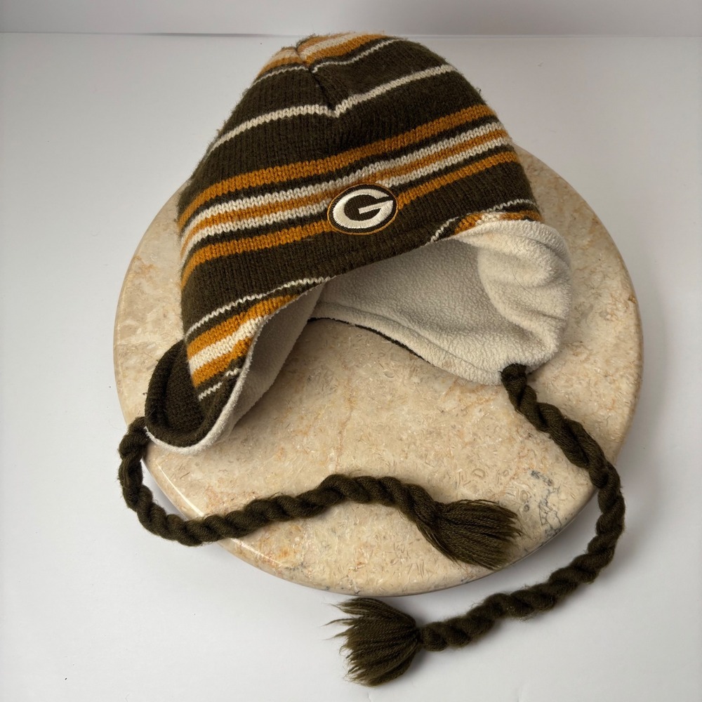 Green Bay Packers‎ Reebok Knit Hat Beanie Winter Ear Flaps Braids OSFM Youth